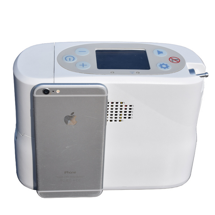 Rhythm P2 Portable Oxygen Concentrator compared to the size of an iphone